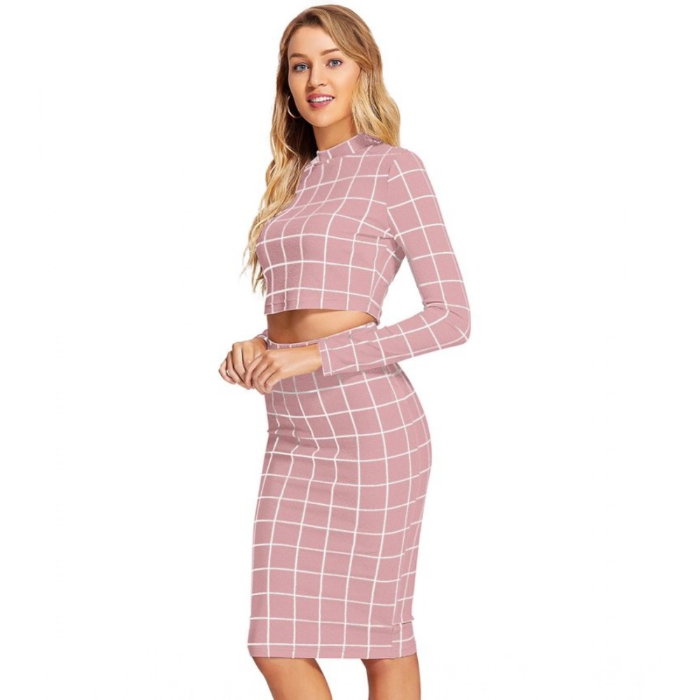 Generic Women's Polyester Checkered Full Sleeves Stand Collar Crop Top Skirt Set (Pink) - Image 3