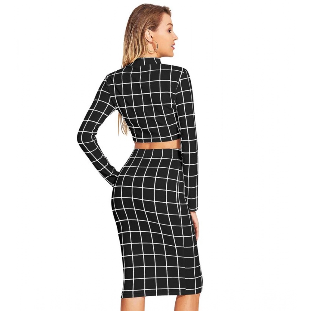 Generic Women's Polyester Checkered Full Sleeves Stand Collar Crop Top Skirt Set (Black) - Image 2