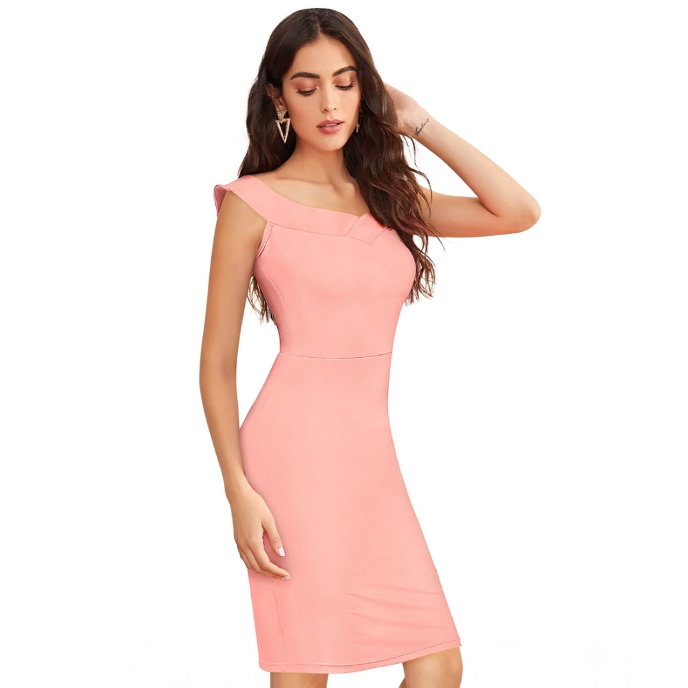 Generic Women's Knitting stretchable Solid Round Neck Sleeveless Dress (Peach) - Image 4