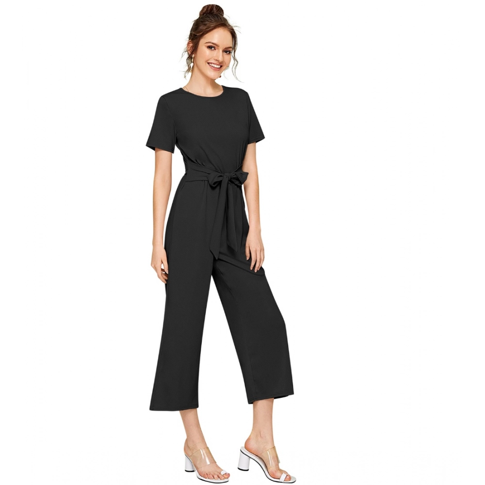 Generic Women's Knitting stretchable Solid Round Neck Cap Sleeve Jumpsuit (Black) - Image 4