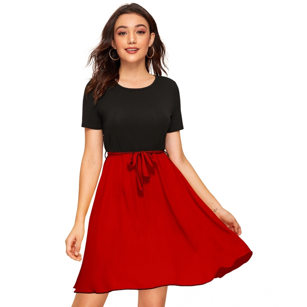 Generic Women's Knitting stretchable Solid Round Neck Cap Sleeve Dress (Red)