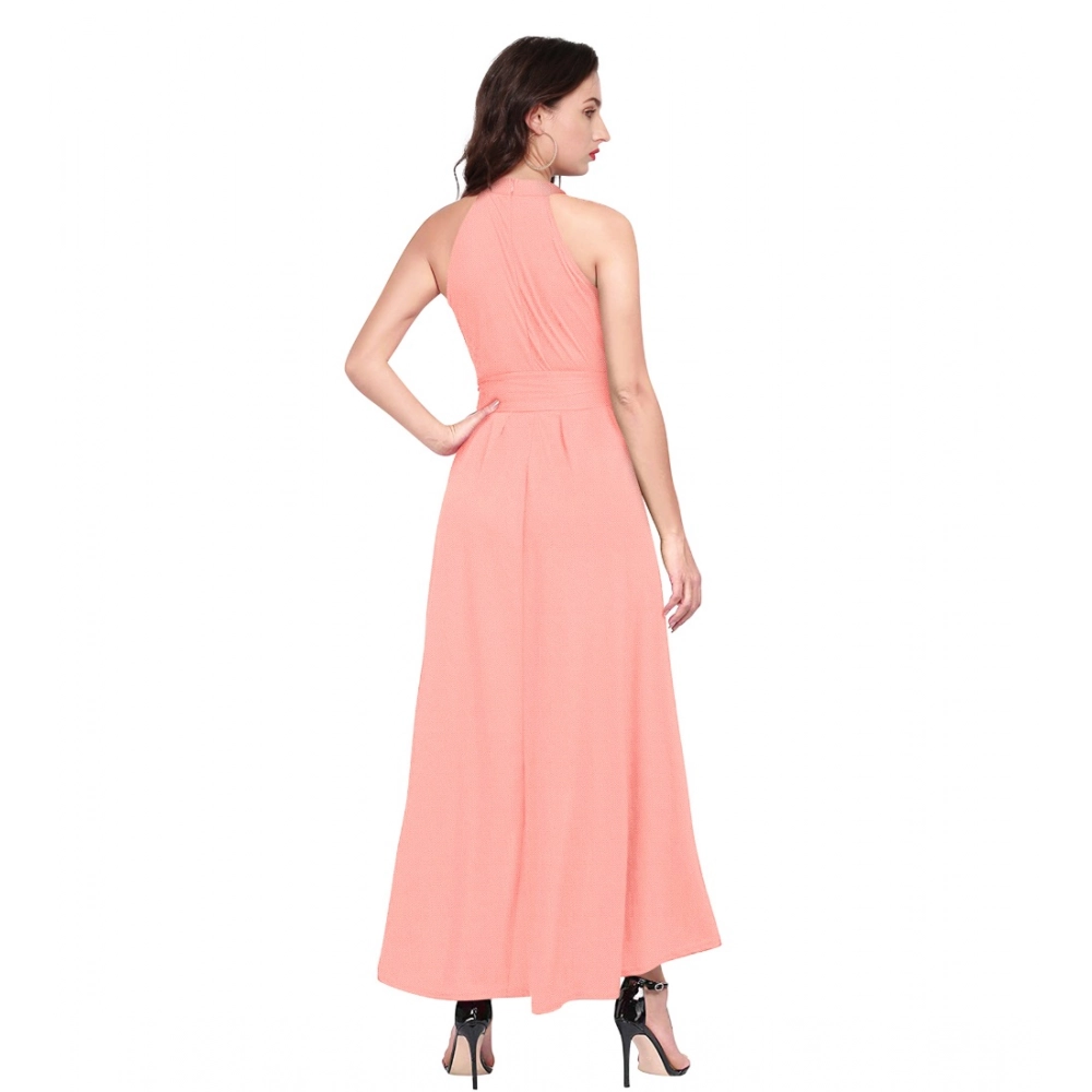 Generic Women's Polyster Solid Halter Neck Sleeveless Dress (Peach) - Image 2