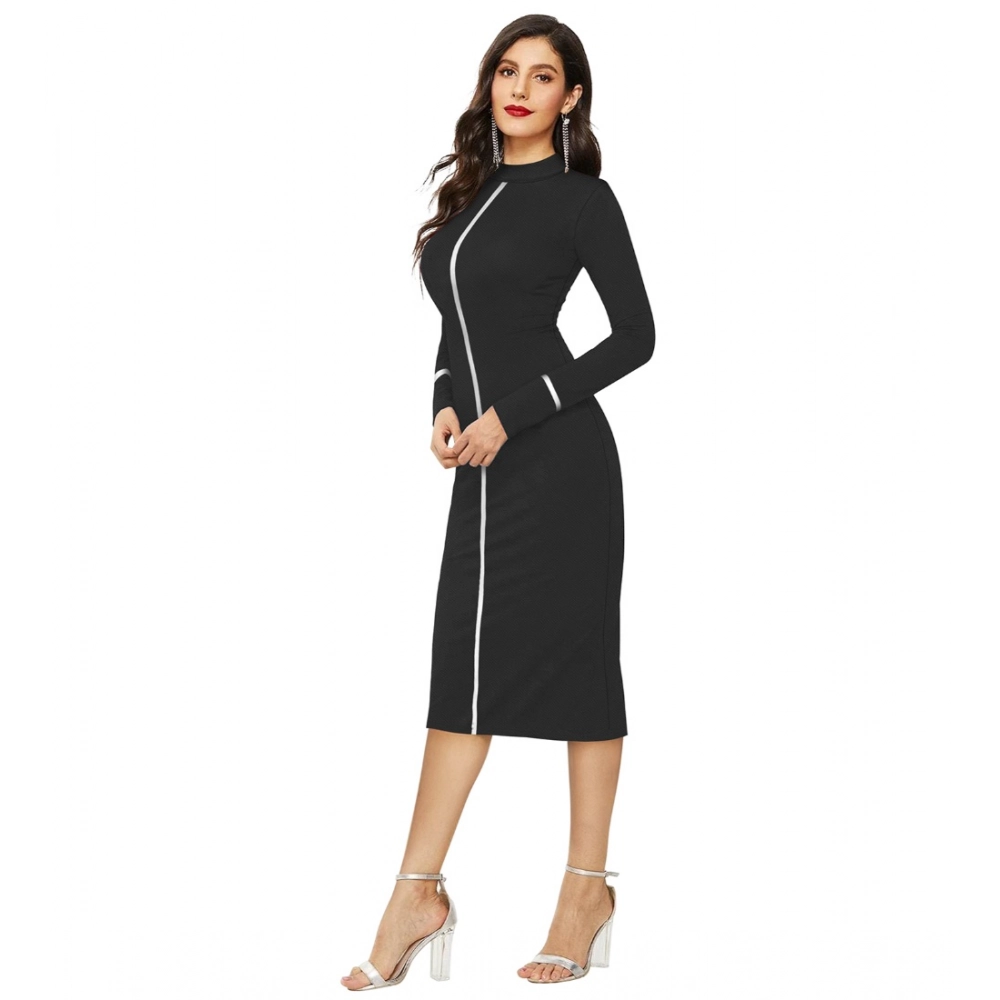 Generic Women's Knitting stretchable Solid Round Neck Full Sleeve Dress (Black) - Image 2