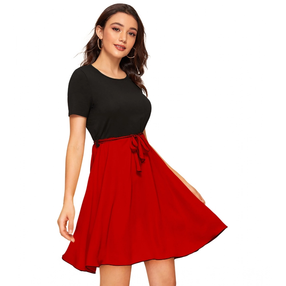 Generic Women's Knitting stretchable Solid Round Neck Cap Sleeve Dress (Red) - Image 4