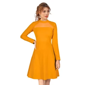 Generic Women's Knitting stretchable Solid Round Neck Full Sleeve Dress (Yellow)