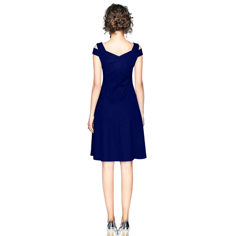 Generic Women's Polyester Solid V Neck Cap Sleeve off Shoulder Dress (Blue) - Image 5