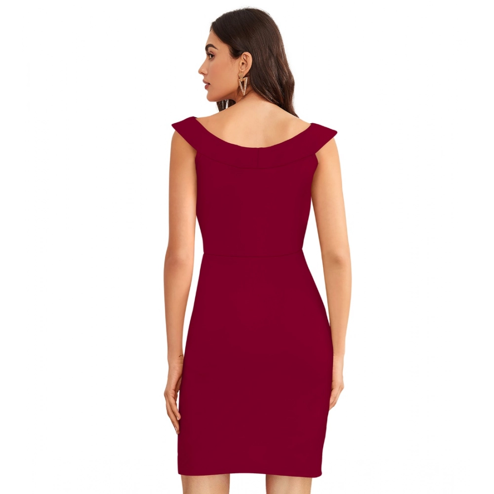 Generic Women's Knitting stretchable Solid Round Neck Sleeveless Dress (Maroon) - Image 5