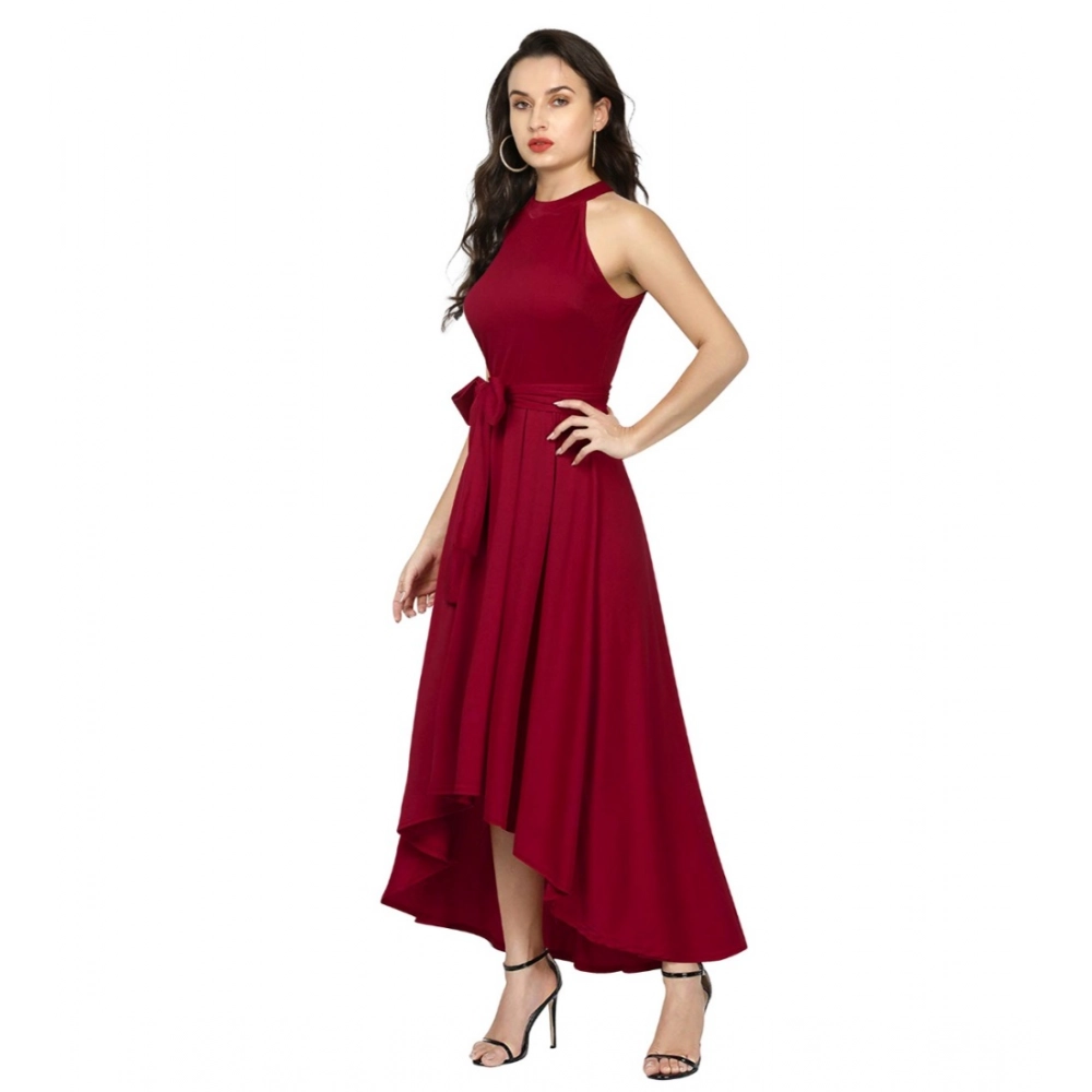 Generic Women's Polyster Solid Halter Neck Sleeveless Dress (Maroon) - Image 4