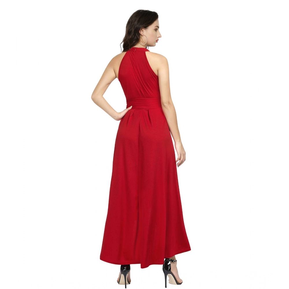 Generic Women's Polyster Solid Halter Neck Sleeveless Dress (Red) - Image 2
