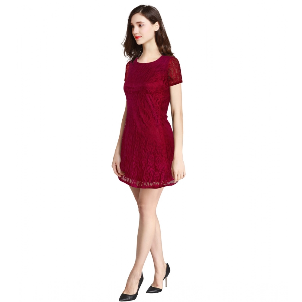 Generic Women's Rasal Solid Round Neck Cap Sleeve Dress (Maroon) - Image 2