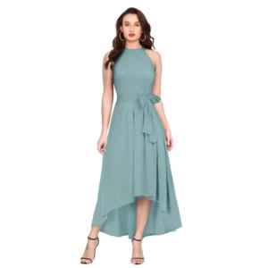 Generic Women's Polyester Solid Halter Neck Sleeveless Dress (Pista)