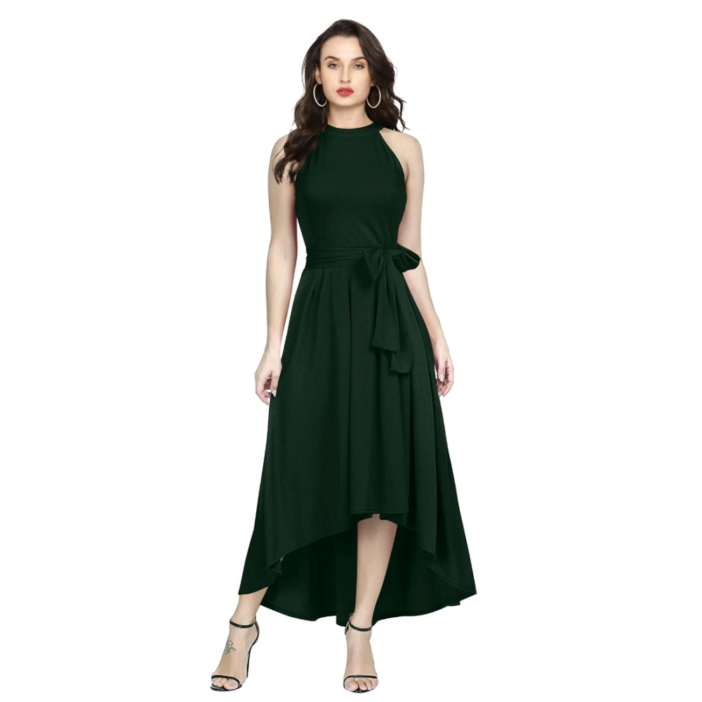 Generic Women's Polyster Solid Halter Neck Sleeveless Dress (Green)