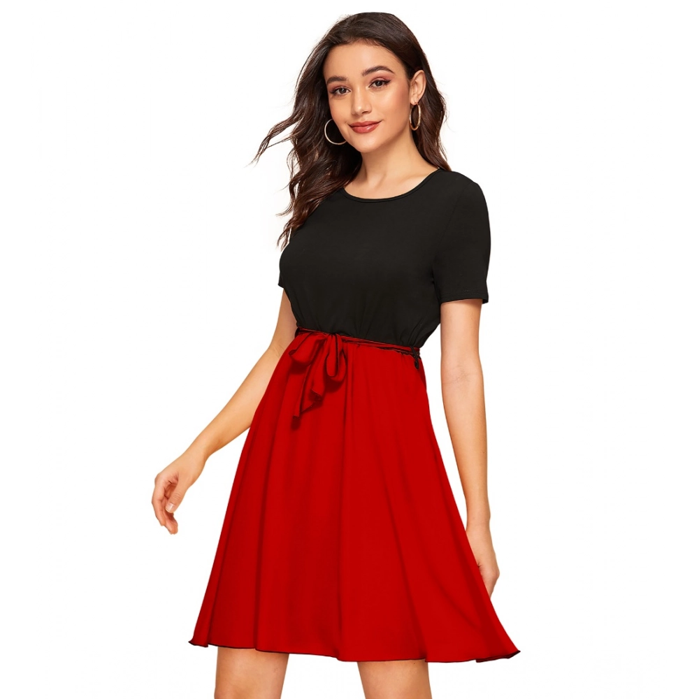 Generic Women's Knitting stretchable Solid Round Neck Cap Sleeve Dress (Red) - Image 2