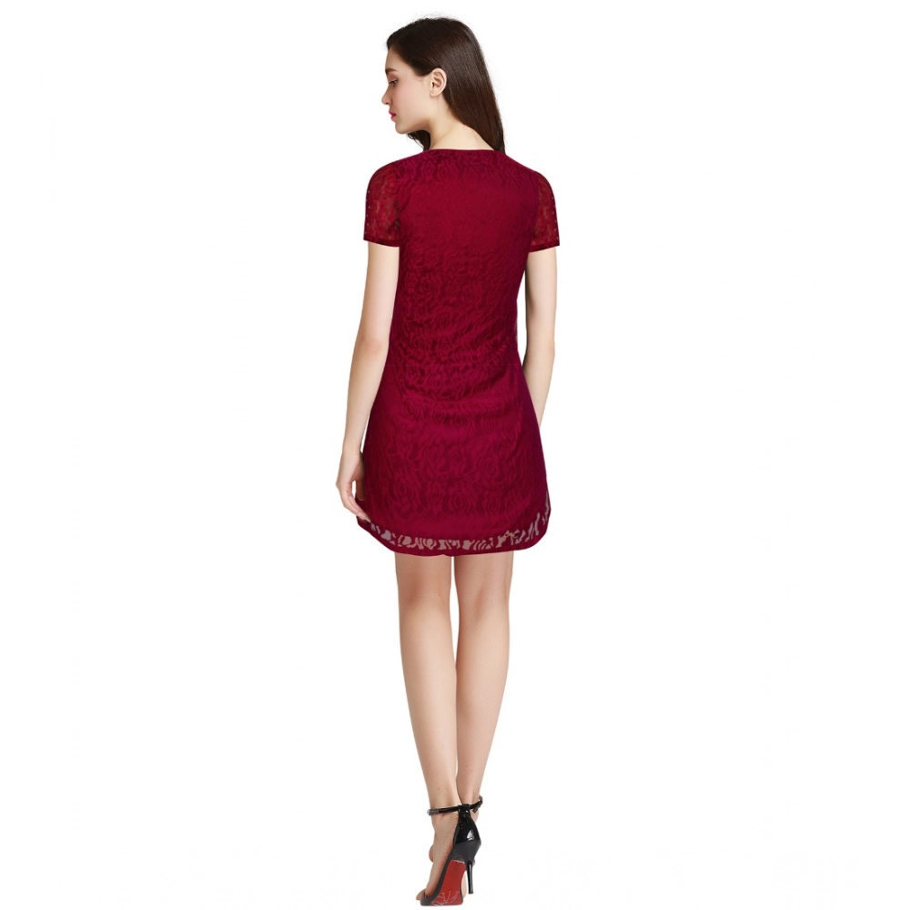 Generic Women's Rasal Solid Round Neck Cap Sleeve Dress (Maroon) - Image 5