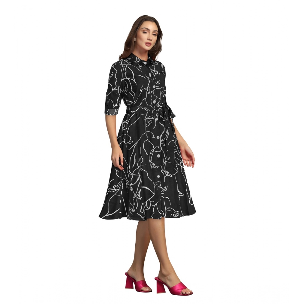 Generic Women's Ruby Cotton Printed Shirt Collar 3-4th Sleeve Dress (Black) - Image 4