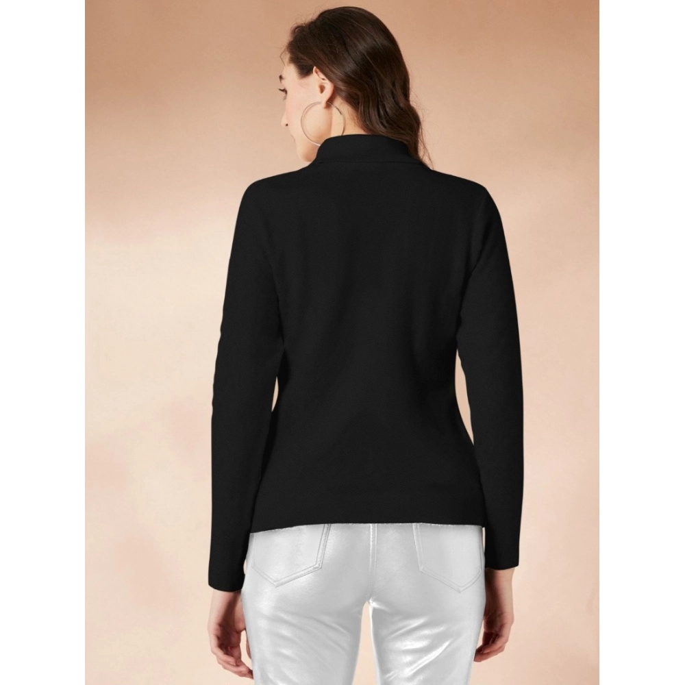 Generic Women's Polyester Solid High Neck Full Sleeve T-Shirt (Black) - Image 5