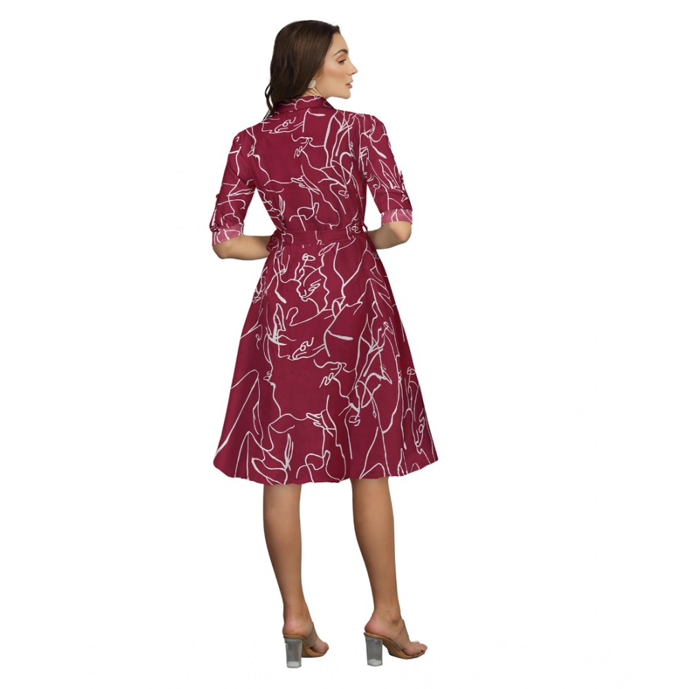 Generic Women's Ruby Cotton Printed Shirt Collar 3-4th Sleeve Dress (Maroon) - Image 5