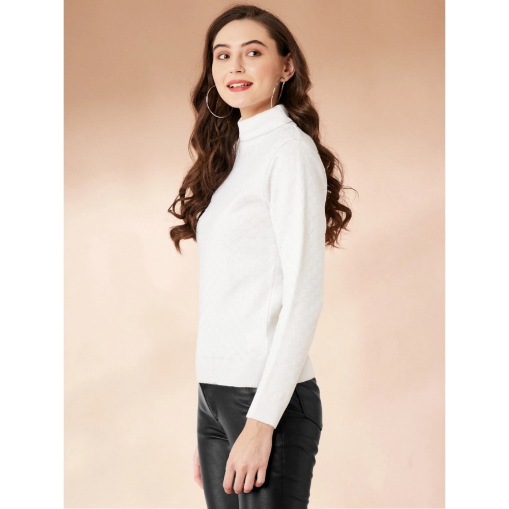 Generic Women's Polyester Solid High Neck Full Sleeve T-Shirt (White) - Image 4