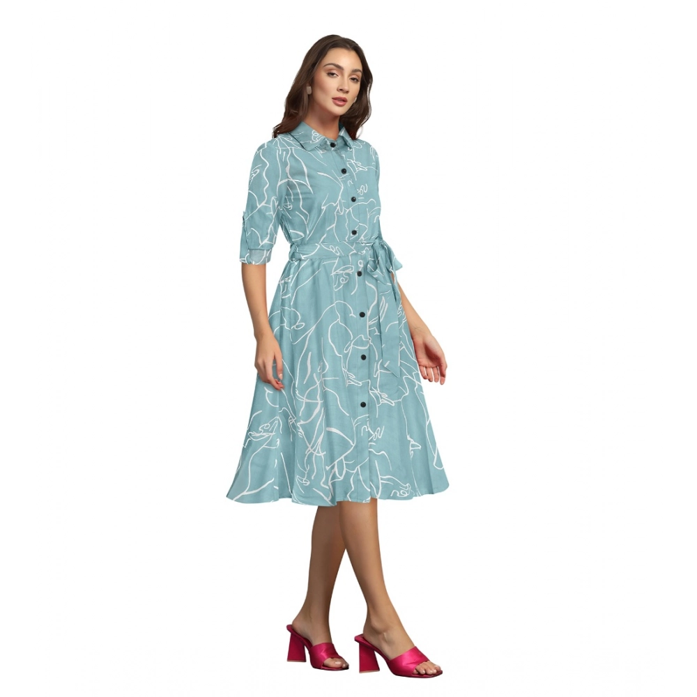 Generic Women's Ruby Cotton Printed Shirt Collar 3-4th Sleeve Dress (Pista) - Image 4