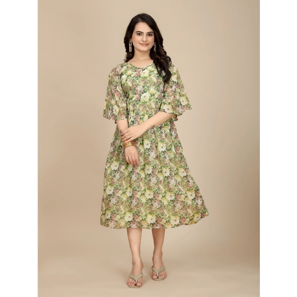 Generic Women's Georgette Printed Round Neck Short Sleeve Dress (Green)