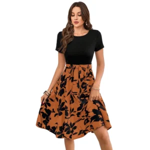 Generic Women's Knitting Printed Round Neck Short Sleeve Dress (Orange)