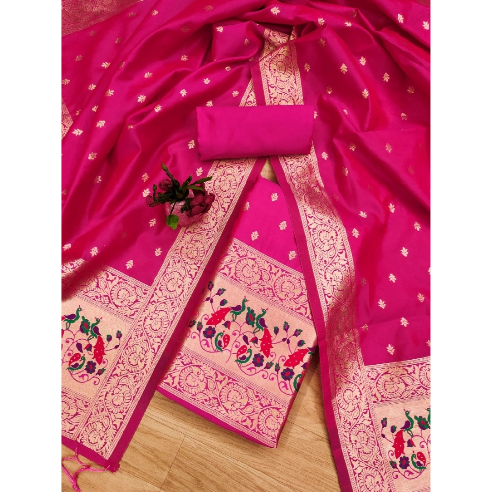 Generic Women's Banarasi Silk Printed Unstitched Salwar Suit Material With Dupatta (Pink, 3Mtrs)