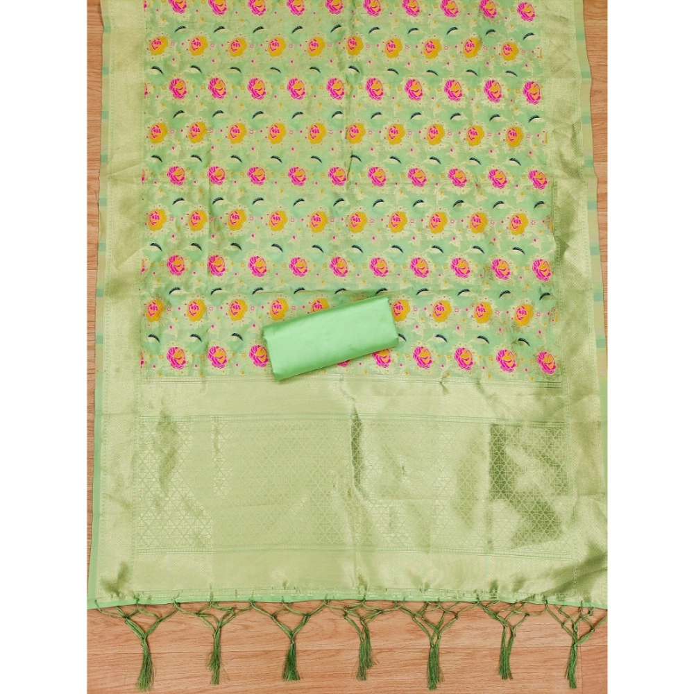 Generic Women's Banarasi Silk Printed Unstitched Salwar Suit Material With Dupatta (Pista, 3Mtrs) - Image 3