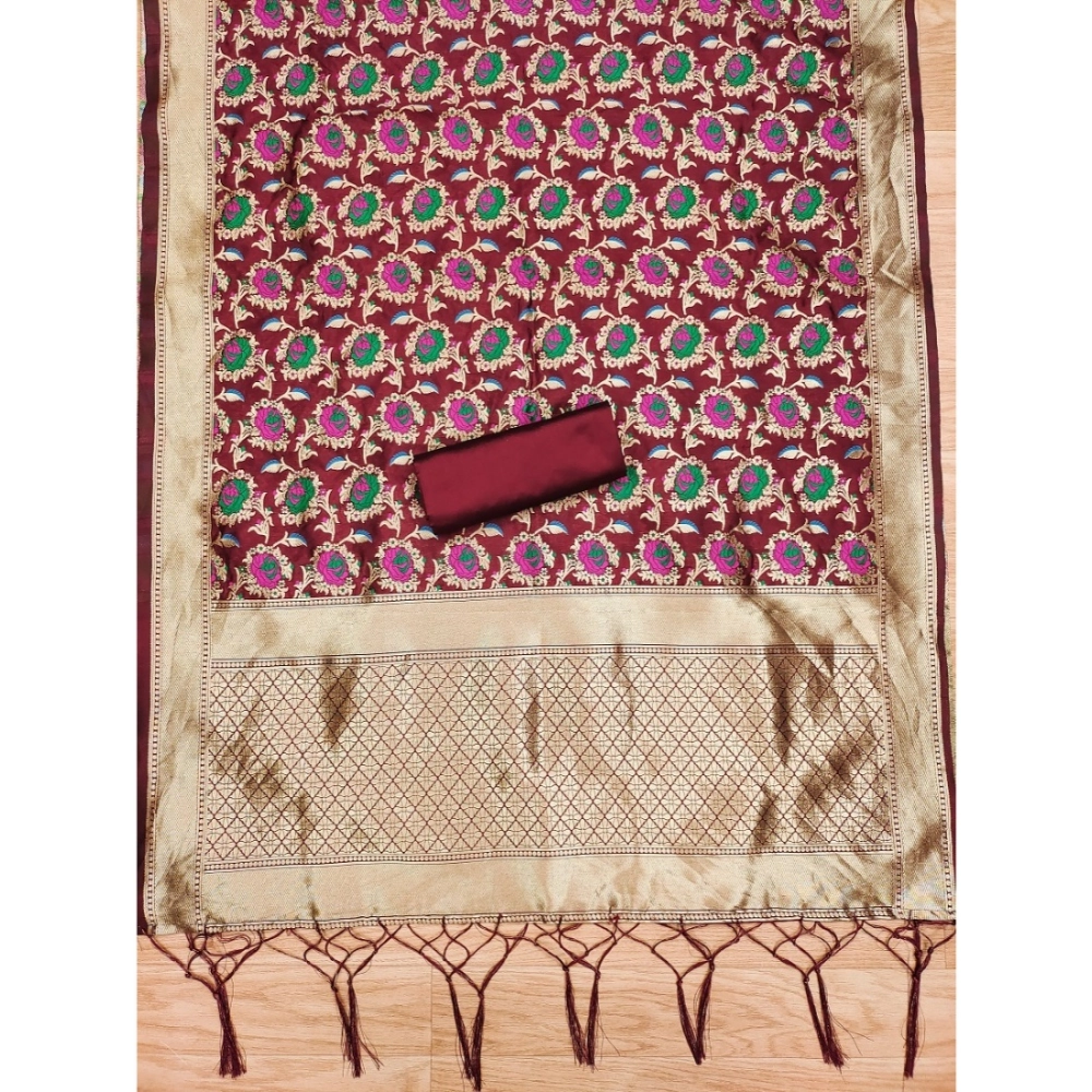 Generic Women's Banarasi Silk Printed Unstitched Salwar Suit Material With Dupatta (Maroon, 3Mtrs) - Image 2