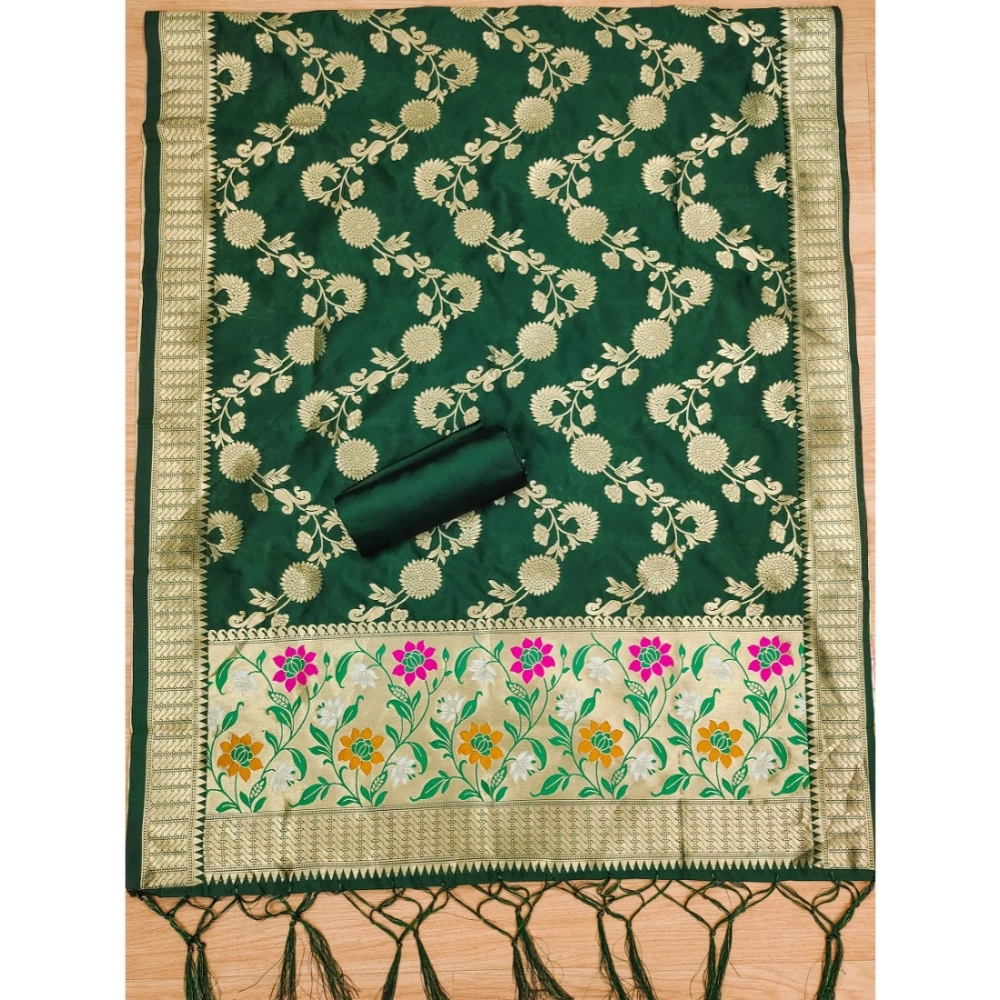 Generic Women's Banarasi Silk Printed Unstitched Salwar Suit Material With Dupatta (Green, 3Mtrs) - Image 4