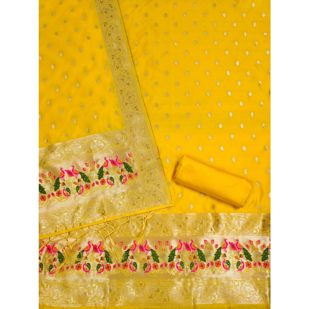 Generic Women's Banarasi Silk Printed Unstitched Salwar Suit Material With Dupatta (Yellow, 3Mtrs) - Image 2