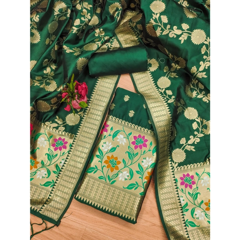 Generic Women's Banarasi Silk Printed Unstitched Salwar Suit Material With Dupatta (Green, 3Mtrs) - Image 2