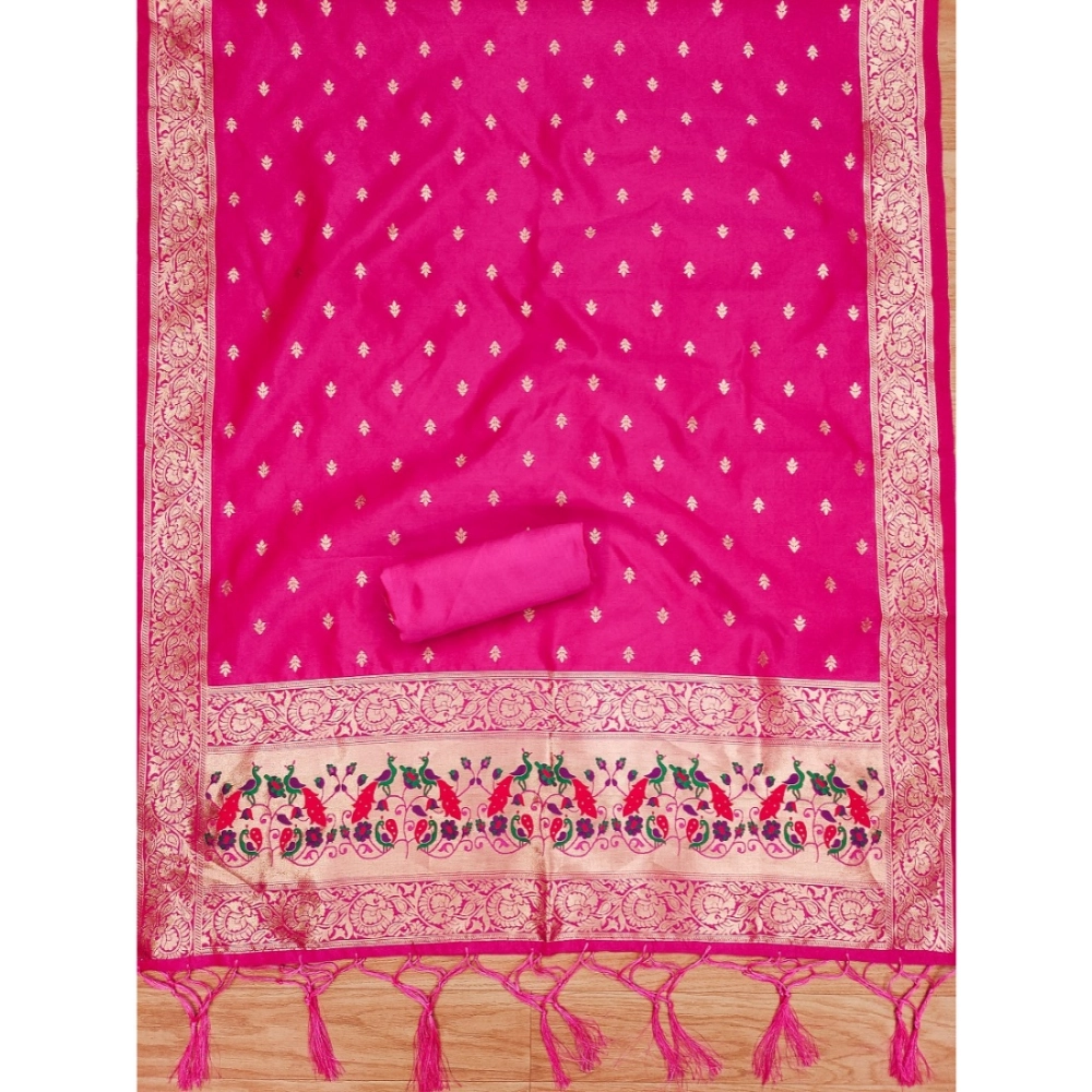 Generic Women's Banarasi Silk Printed Unstitched Salwar Suit Material With Dupatta (Pink, 3Mtrs) - Image 3