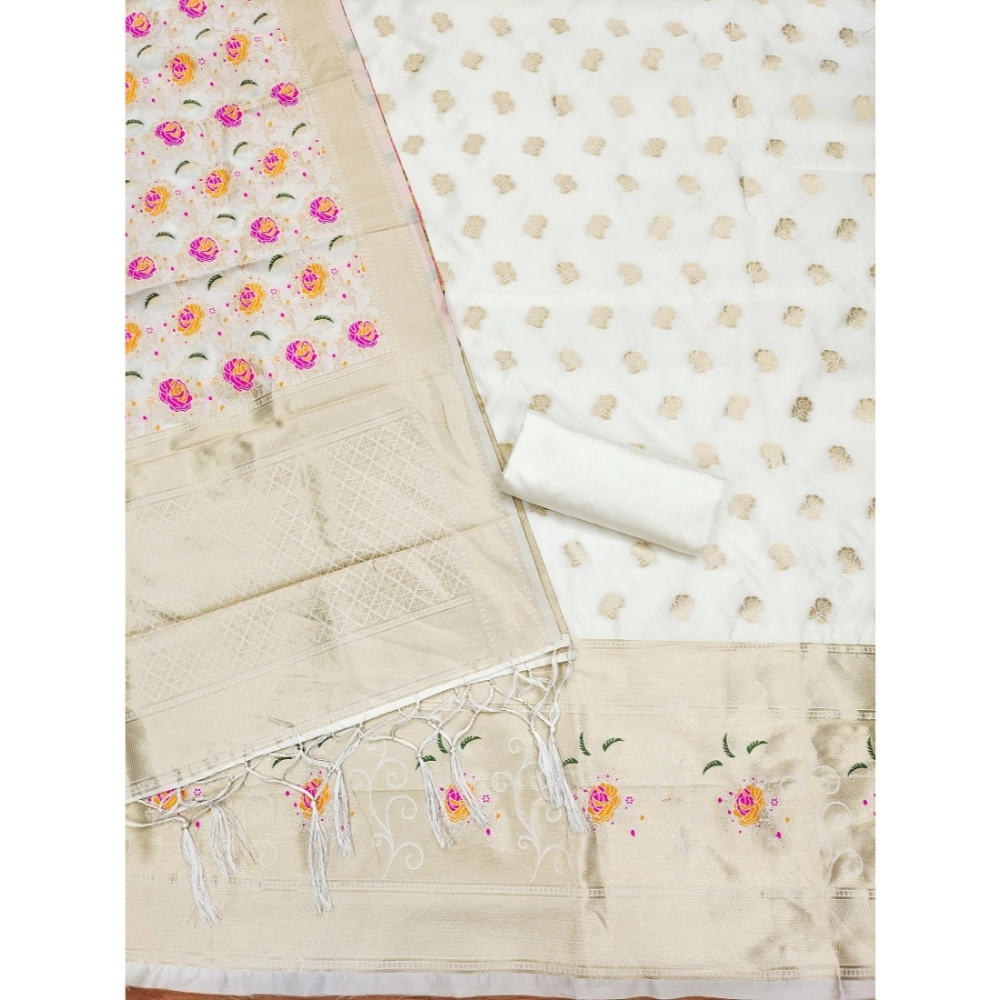 Generic Women's Banarasi Silk Printed Unstitched Salwar Suit Material With Dupatta (White, 3Mtrs) - Image 4