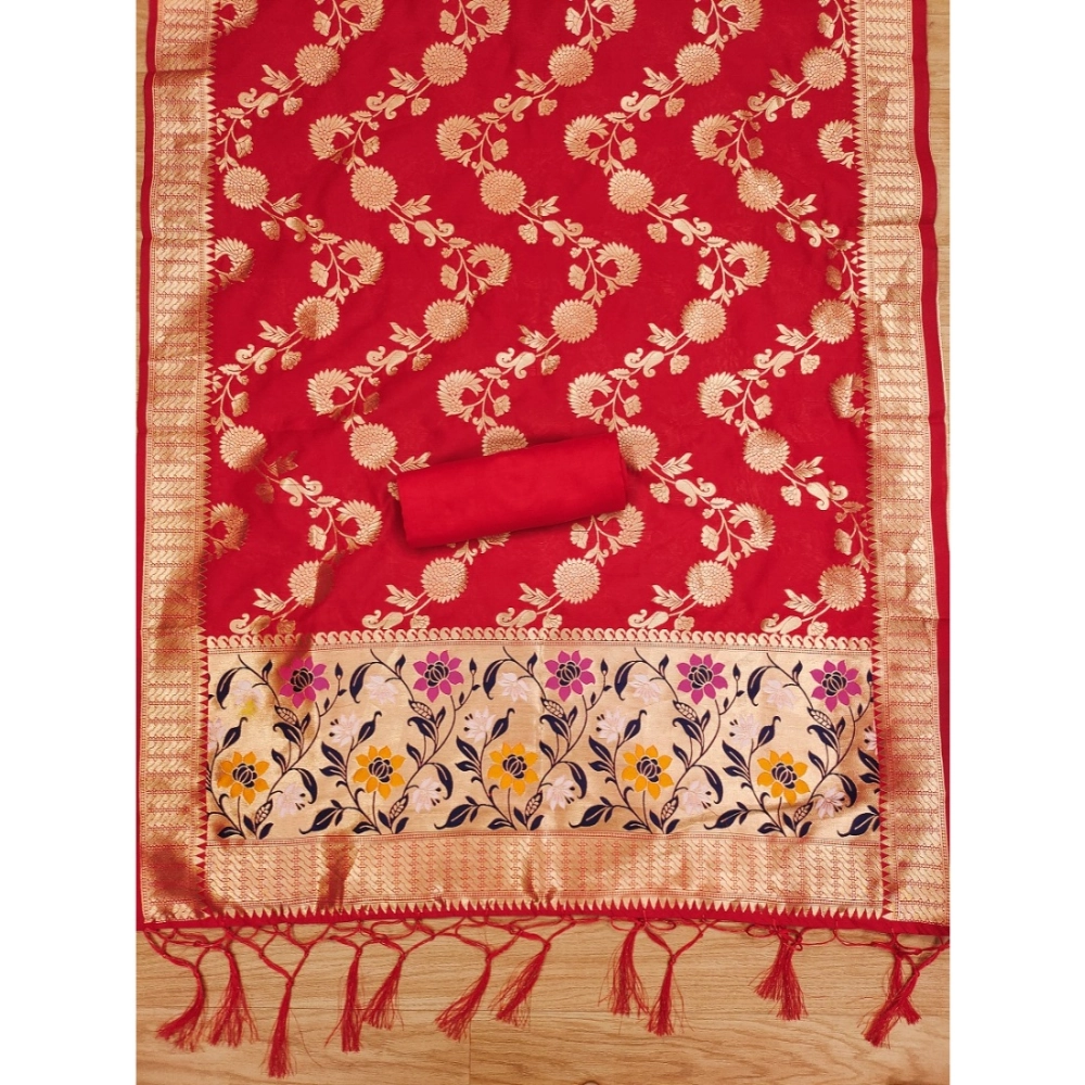 Generic Women's Banarasi Silk Printed Unstitched Salwar Suit Material With Dupatta (Red, 3Mtrs) - Image 4