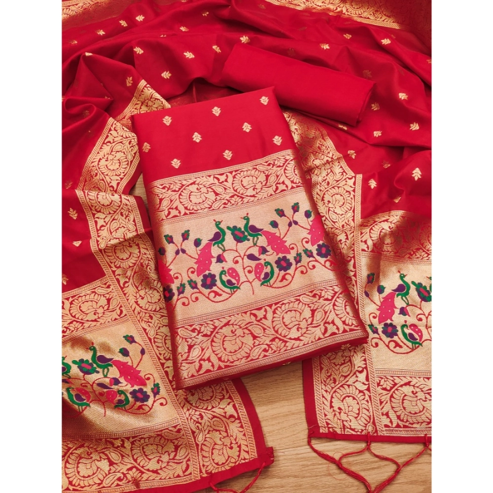 Generic Women's Banarasi Silk Printed Unstitched Salwar Suit Material With Dupatta (Red, 3Mtrs) - Image 4