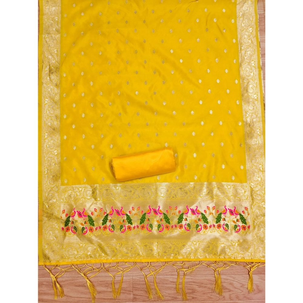 Generic Women's Banarasi Silk Printed Unstitched Salwar Suit Material With Dupatta (Yellow, 3Mtrs) - Image 3
