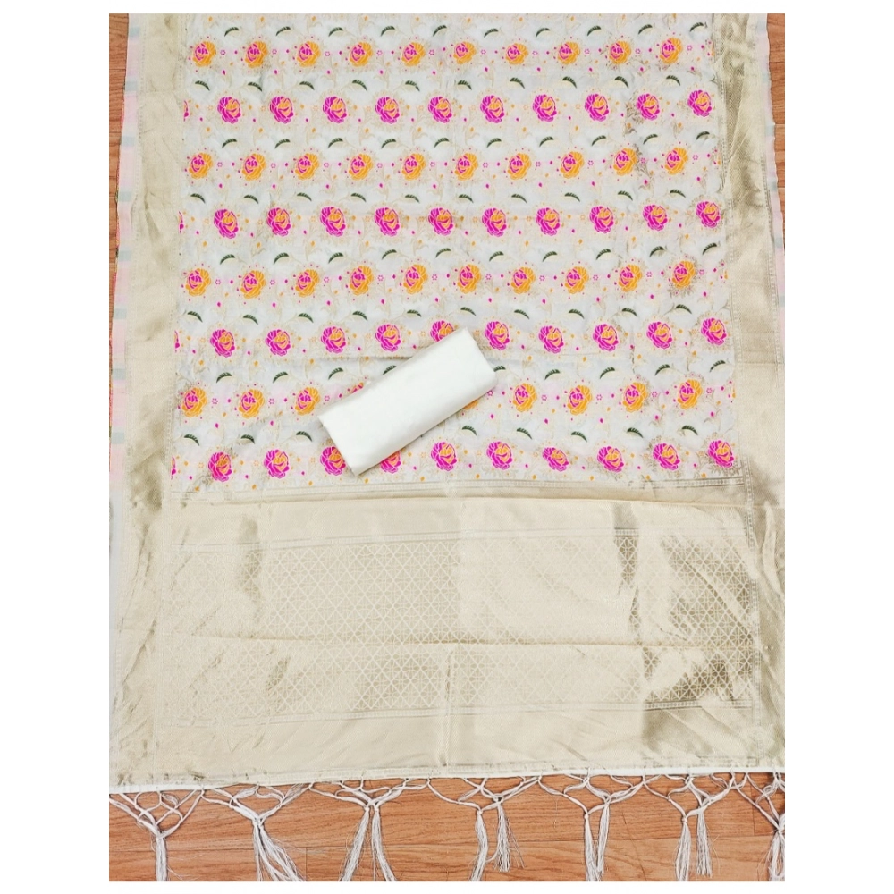 Generic Women's Banarasi Silk Printed Unstitched Salwar Suit Material With Dupatta (White, 3Mtrs) - Image 3