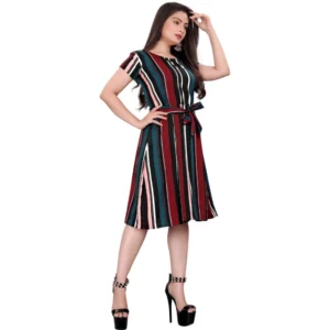 Generic Women's Crep Striped Short Sleeve Dress (Red-Blue )