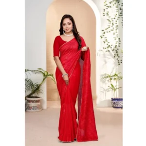 Generic Women's Vichitra Silk Striped Saree With Unstitched Blouse 5.5Mtr (Red)