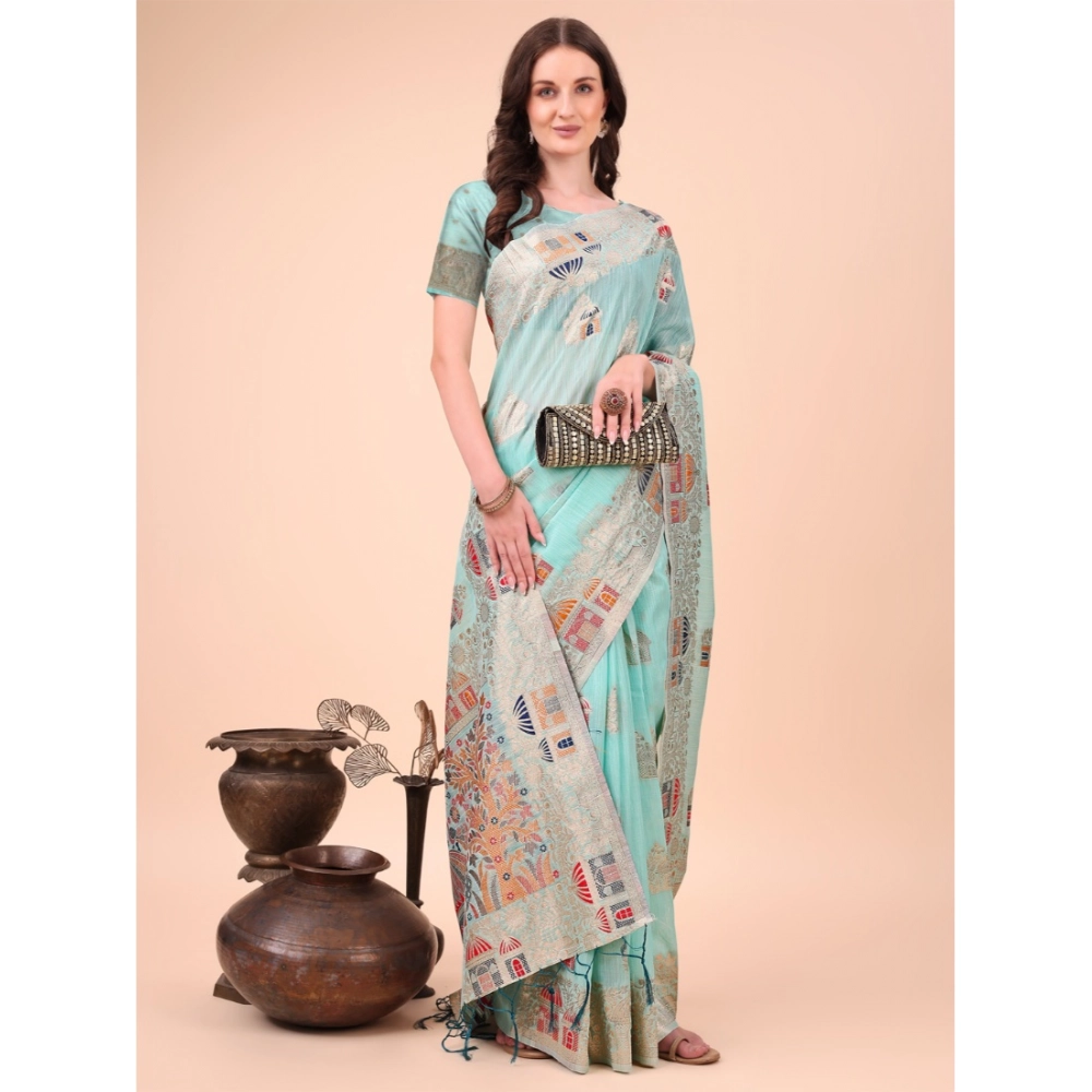 Generic Women's Linen Cotton Printed Saree With Unstitched Blouse 5.5Mtr (Sky Blue) - Image 2