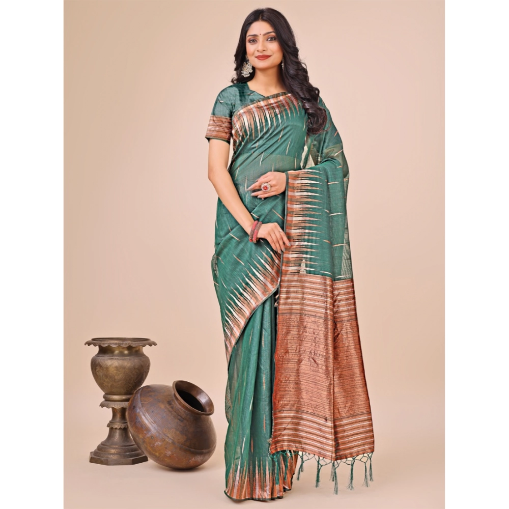 Generic Women's Linen Cotton Printed Saree With Unstitched Blouse 5.5Mtr (Green)