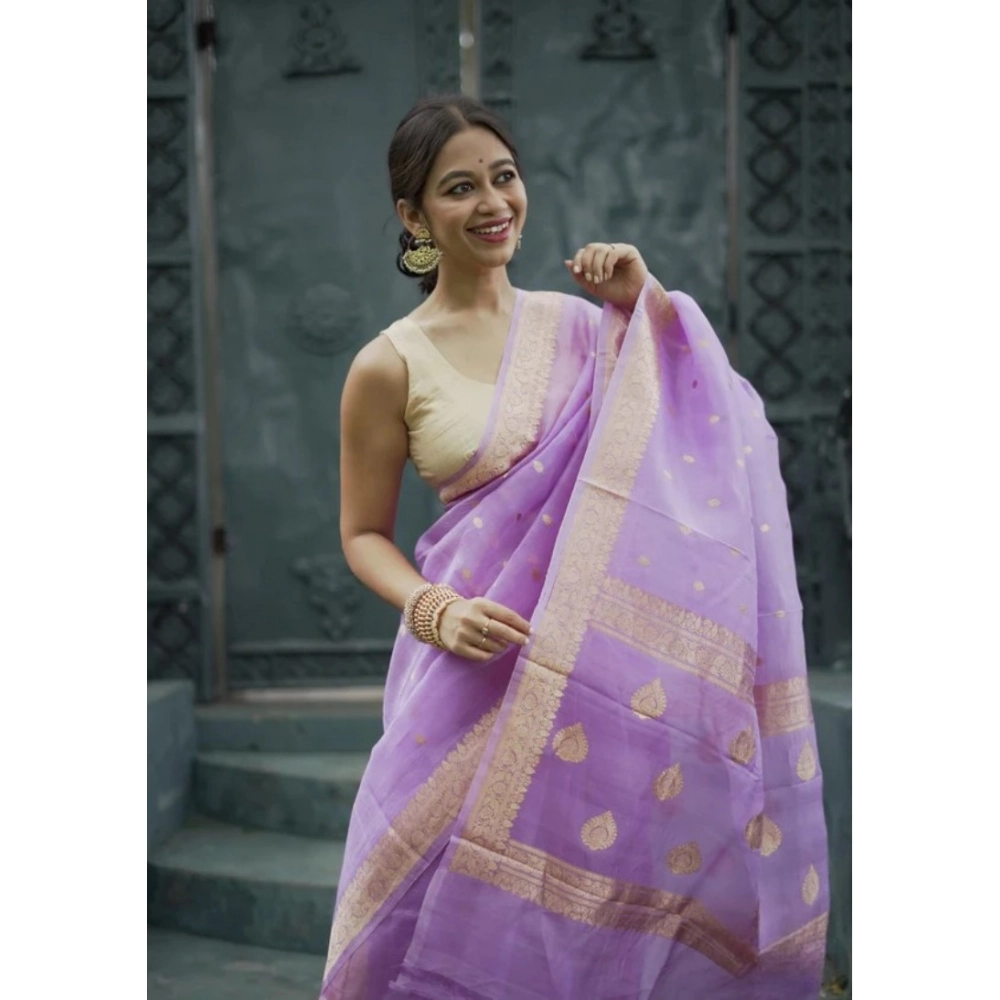 Generic Women's Cotton Printed Saree With Unstitched Blouse 5.5Mtr (Lavender) - Image 2