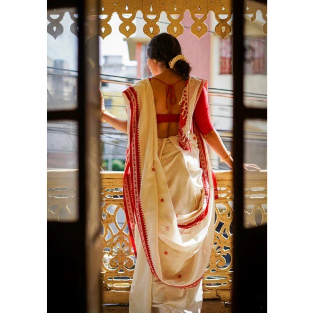 Generic Women's Cotton Printed Saree With Unstitched Blouse 5.5Mtr (White) - Image 2