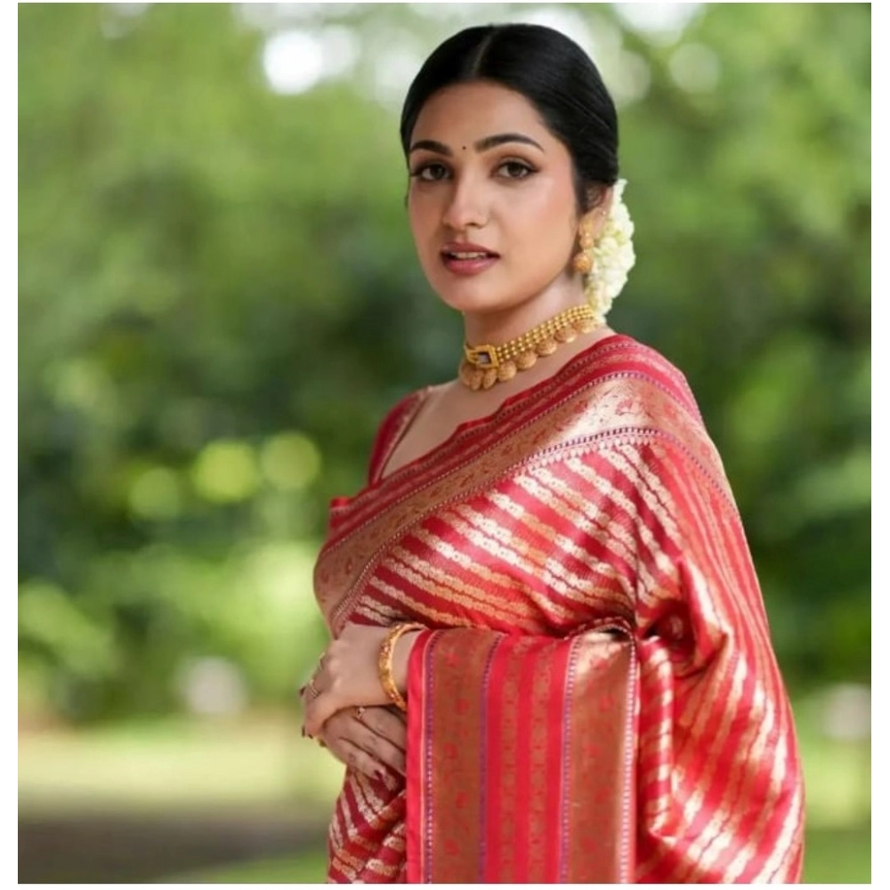 Generic Women's Silk Printed Saree With Unstitched Blouse 5.5Mtr (Pink) - Image 2
