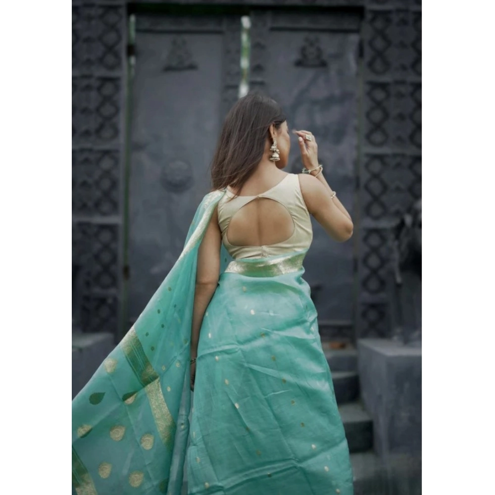 Generic Women's Cotton Printed Saree With Unstitched Blouse 5.5Mtr (Sky) - Image 3