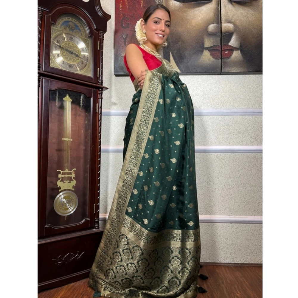 Generic Women's Silk Printed Saree With Unstitched Blouse 5.5Mtr (Green) - Image 3