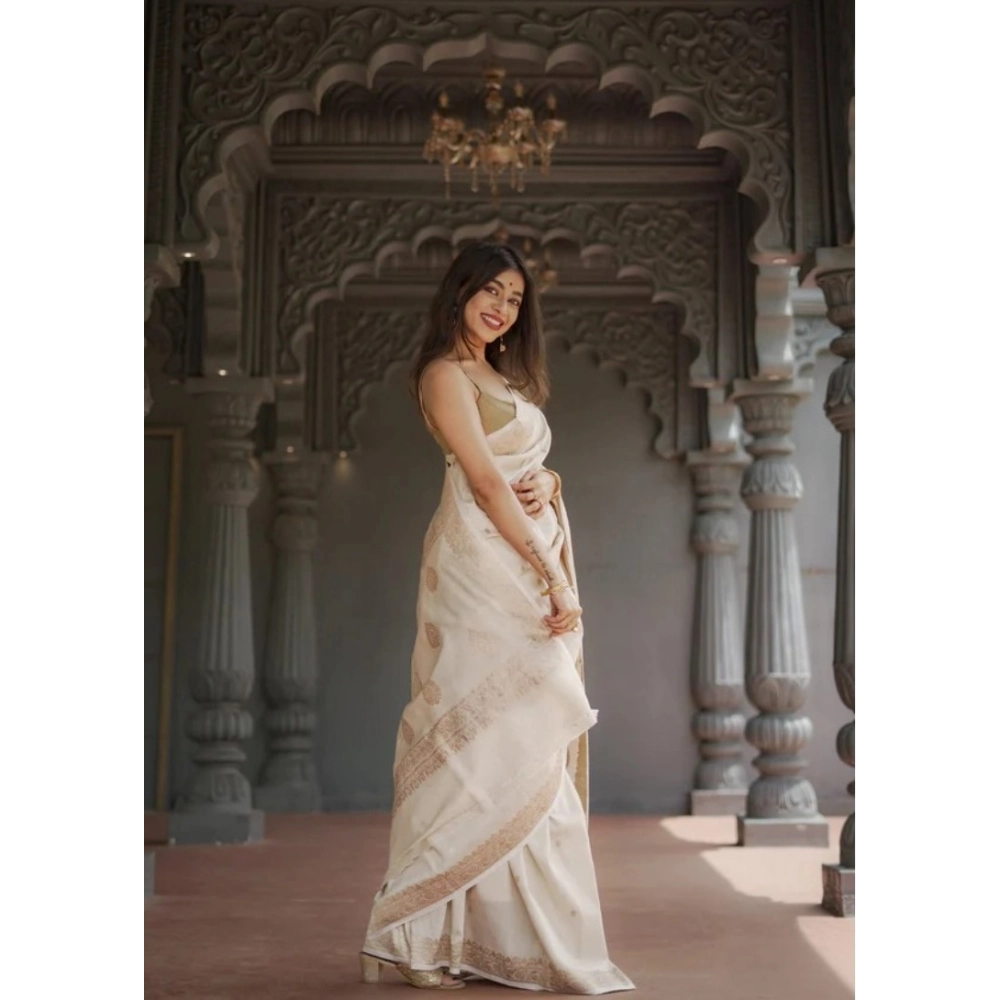 Generic Women's Cotton Printed Saree With Unstitched Blouse 5.5Mtr (Cream) - Image 3