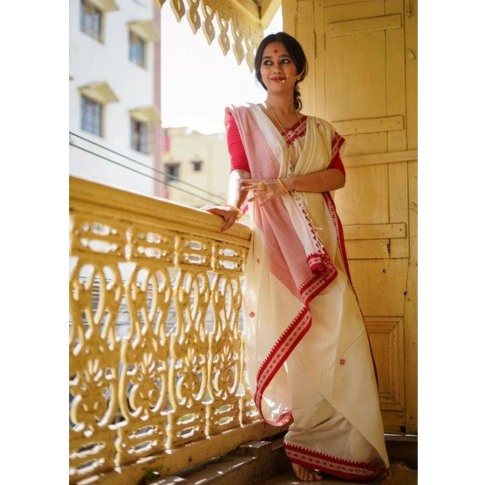 Generic Women's Cotton Printed Saree With Unstitched Blouse 5.5Mtr (White) - Image 3