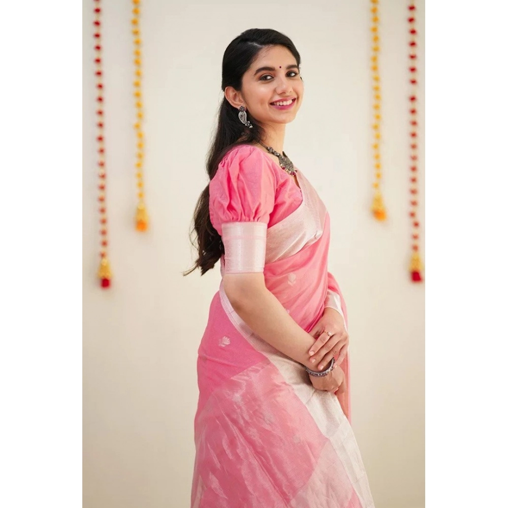 Generic Women's Cotton Printed Saree With Unstitched Blouse 5.5Mtr (Pink) - Image 2