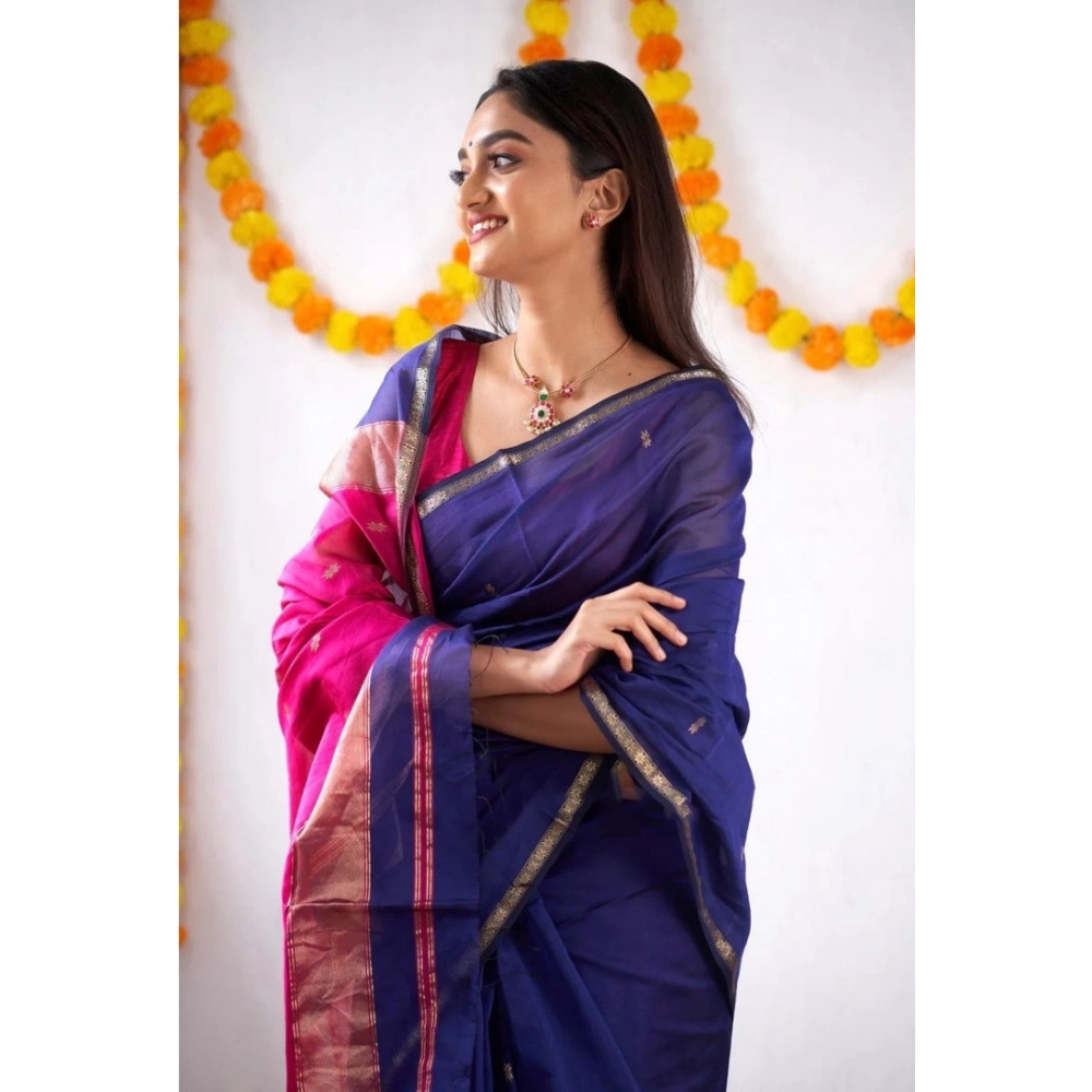 Generic Women's Cotton Printed Saree With Unstitched Blouse 5.5Mtr (Blue) - Image 3